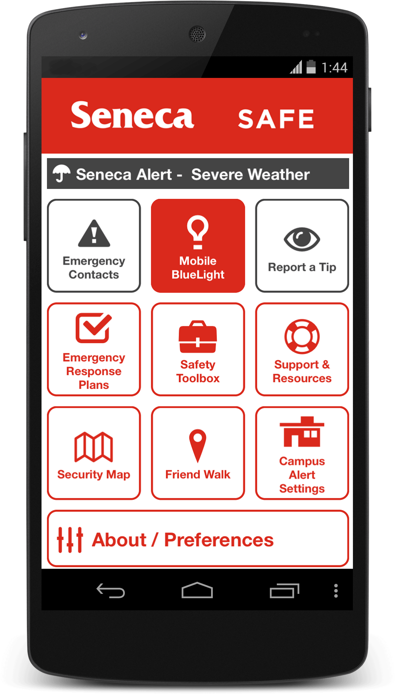 The homescreen of the Seneca Safe App, as displayed on a smartphone