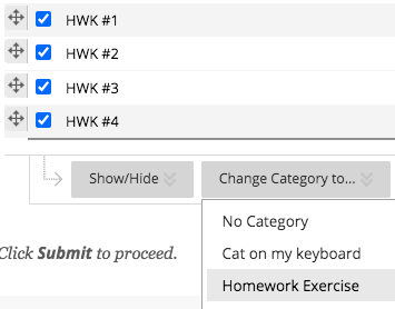 A screen capture of the Manage Columns section, showing the four homework columns selected and the user opting to change the category