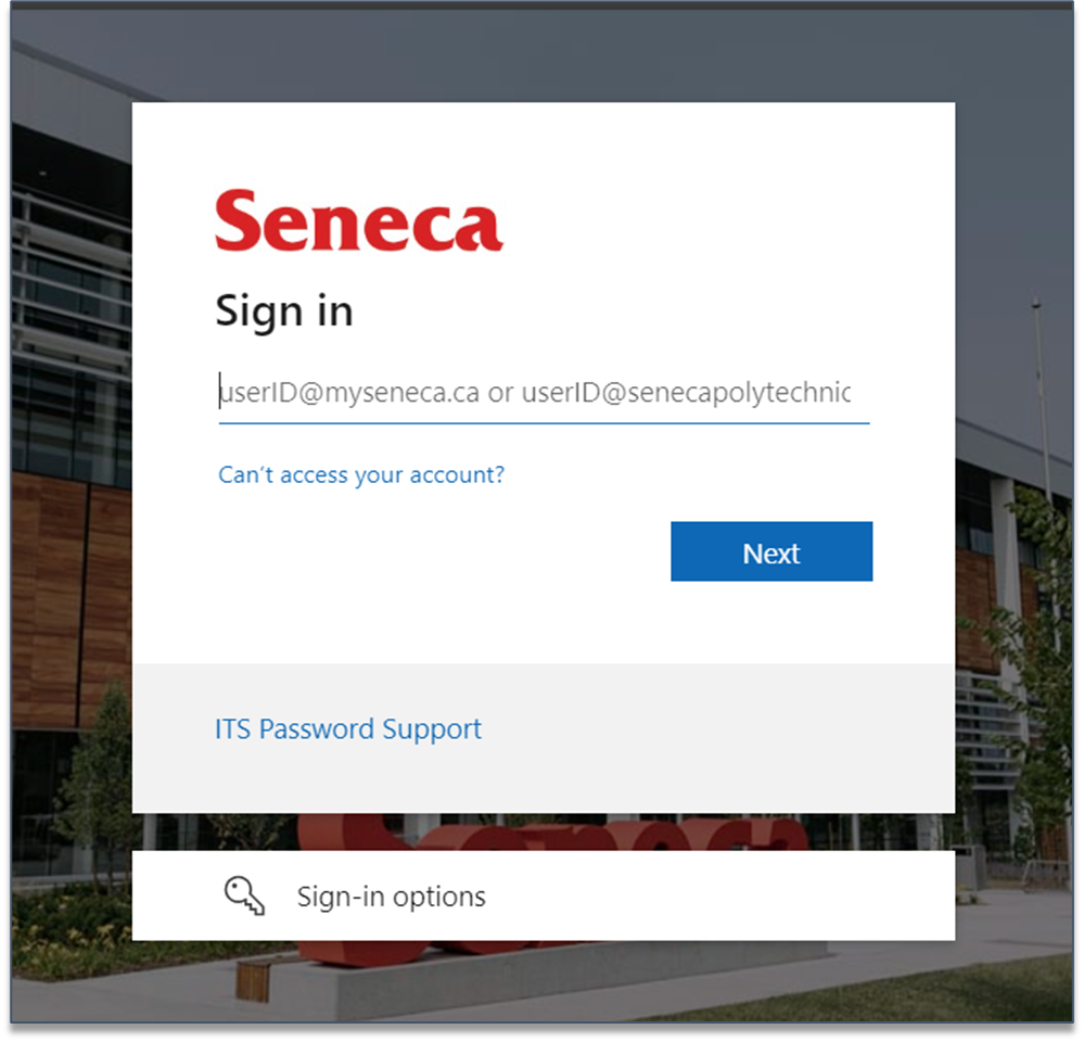 Input field for Seneca credentials.