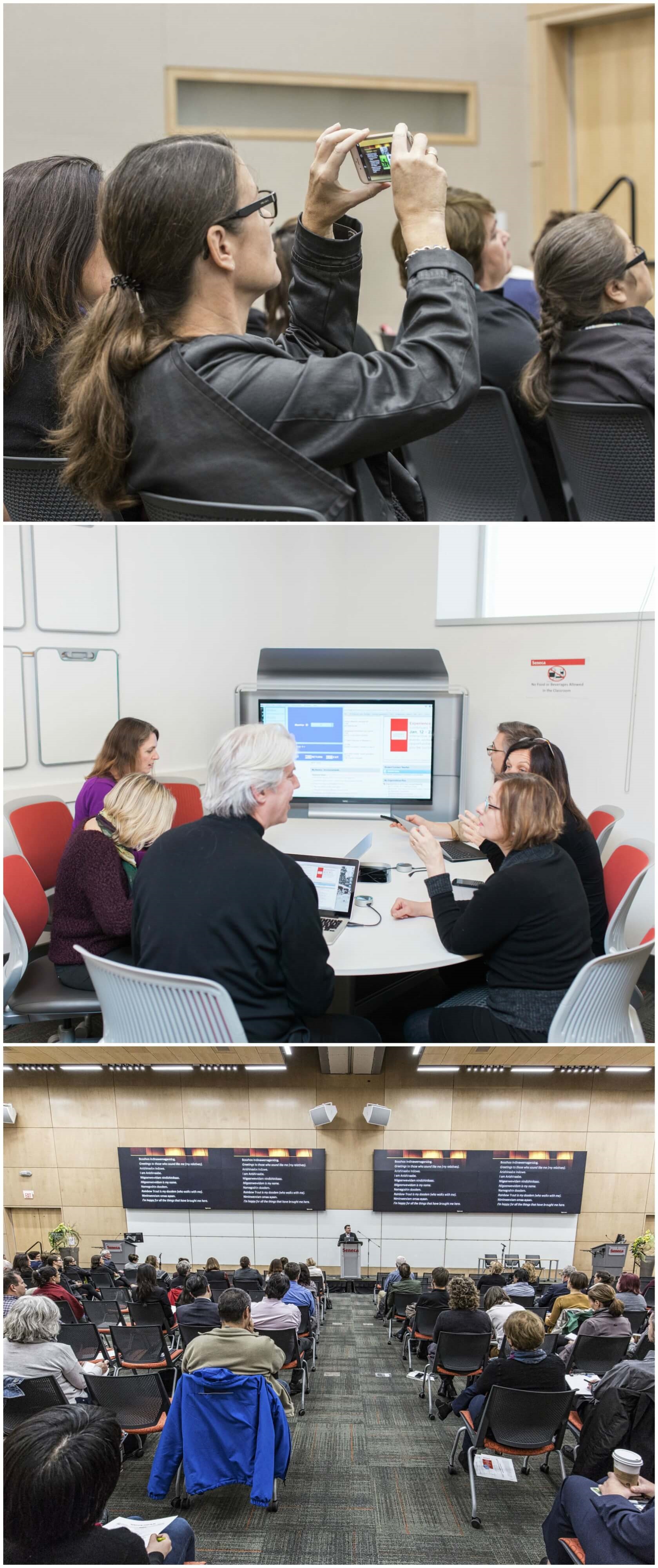 Three images from past Teacing & Learning Days. The top image is a close-up of an audience member taking a picture of a slide during the keynote presentation; the middle image shows a group of people around a computer; the bottom image shows the keynote speaker addressing a room full of people.