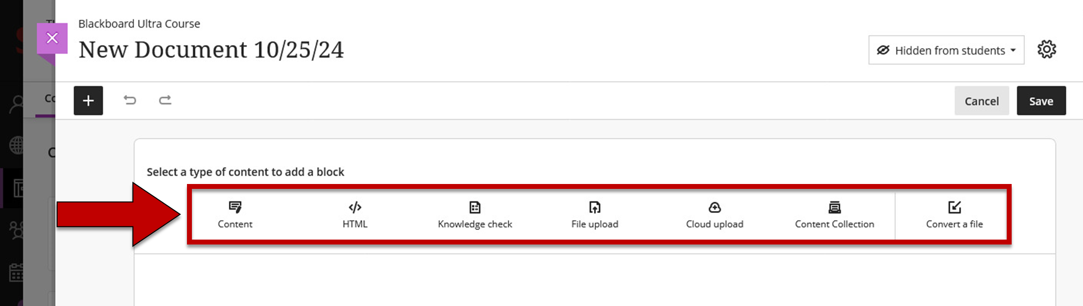 Screenshot of step 8 of Creating a Document in Course Content as explained on this page