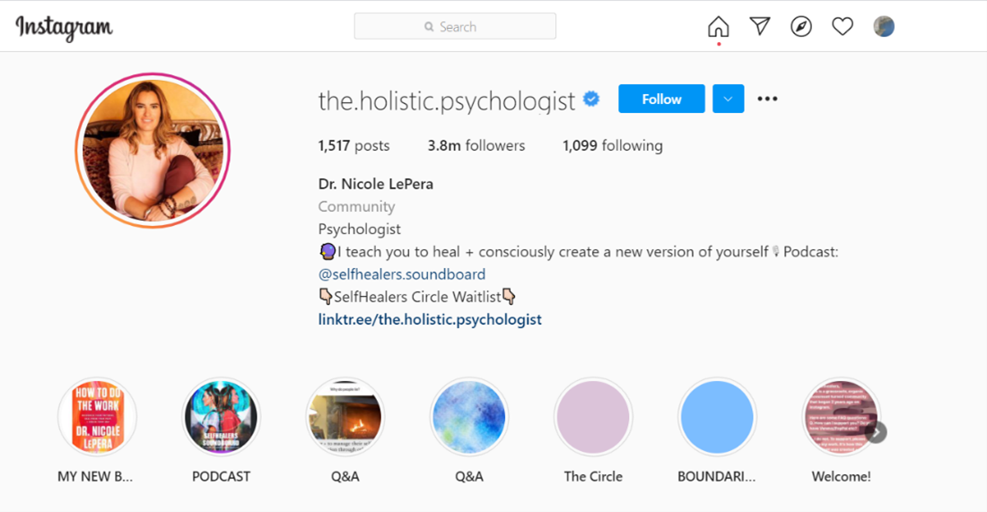 Instagram homepage of Dr. Nicole LePera, Holistic Psychologist (https://instagram.com/the.holistic.psychologist?utm_medium=copy_link)