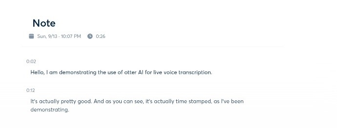A screen capture from Otter.ai showing live transcription.