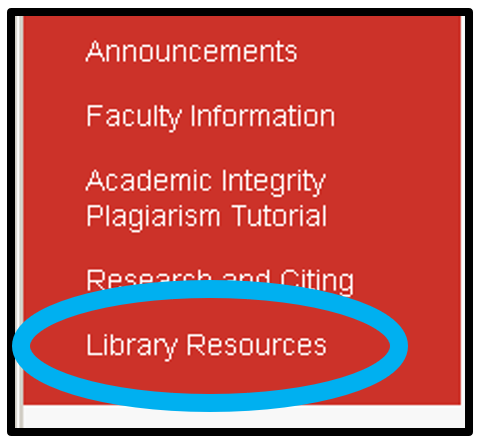 A screen capture of the menu in a Blackboard course, showing how the Library Resources link would be displayed