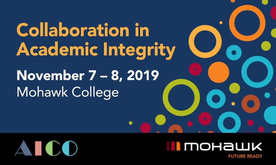 The logo for the Academic Integrity Council of Ontario (AICO) Fall 2019 Symposium in November 2019 at Mohawk College. The theme of the event was "Collaboration in Academic Integrity."
