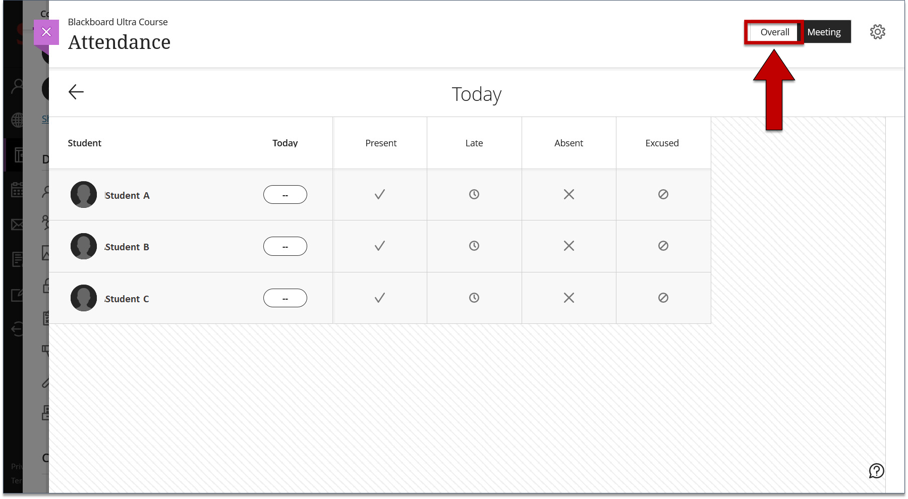 Screenshot of step 2 of To Mark Attendance in the Overall View as explained on this page.