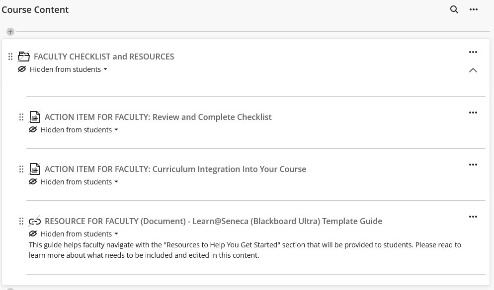 Faculty checklist and action items folder in Blackboard