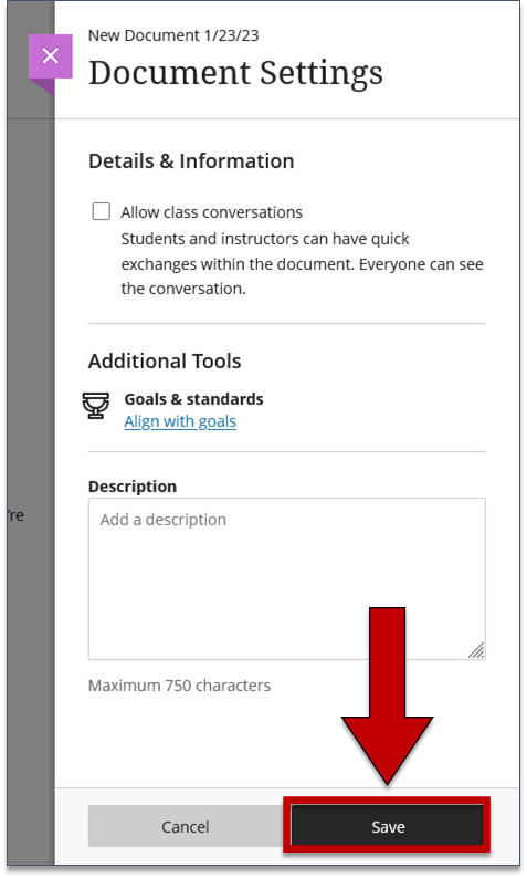 Screenshot of step 7 of Creating a Document in Course Content as explained on this page