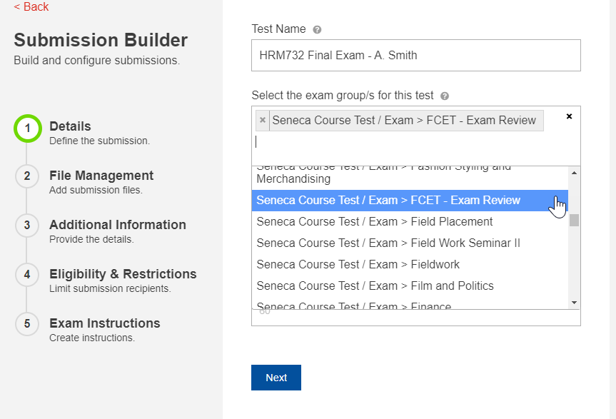 Naming tests and assigning the exam group for exam reviews