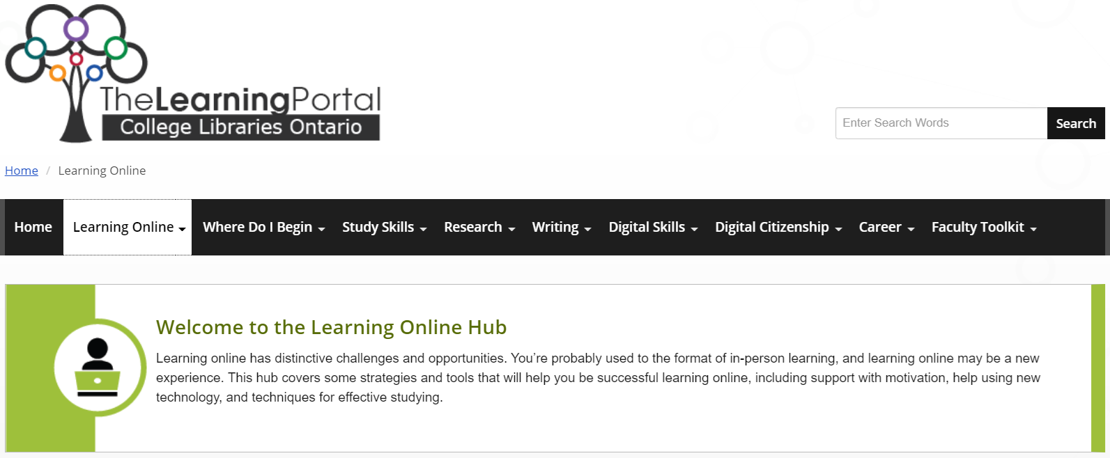 A screen capture of the Learning Online Hub of the Learning Portal (https://tlp-lpa.ca/home/learning-online)