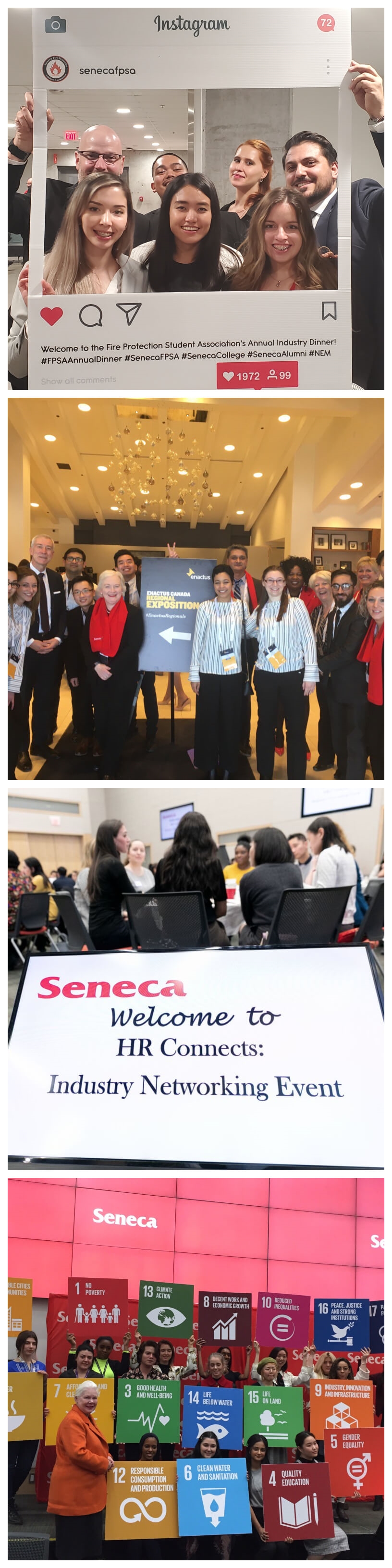 A collage of images from four student events this semester: Fire Protection Student Association’s Industry Dinner, Enactus Regional Competition, HR Connects, and Transforming our World