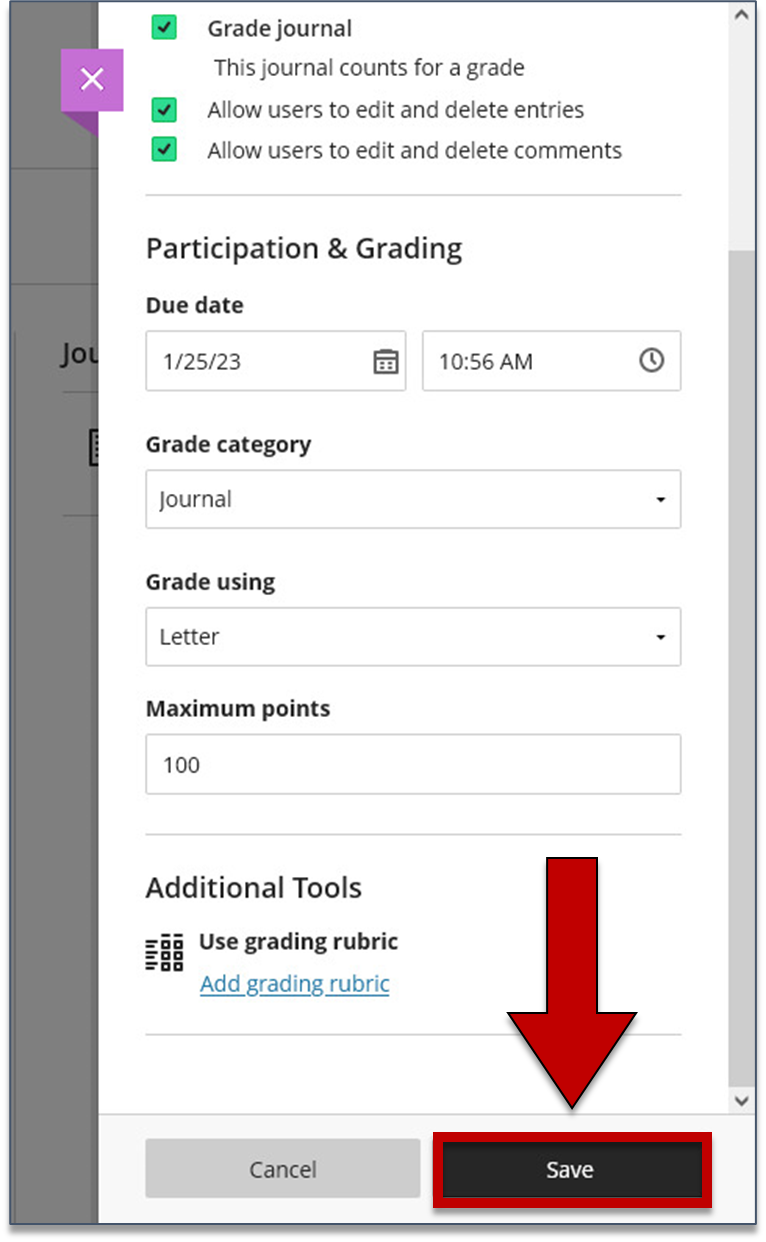 Screenshot of step 7 of Making a Journal Gradable as explained on this page