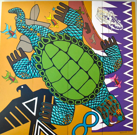Artwork: snapping turtle for Turtle Island, fish depicting the intellect of Indigenous communities, thirteen moon calendar, and the Tadadaho belt for the great peace between five nations.