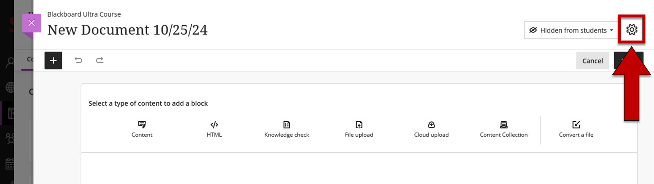 Screenshot of step 6 of Creating a Document in Course Content as explained on this page