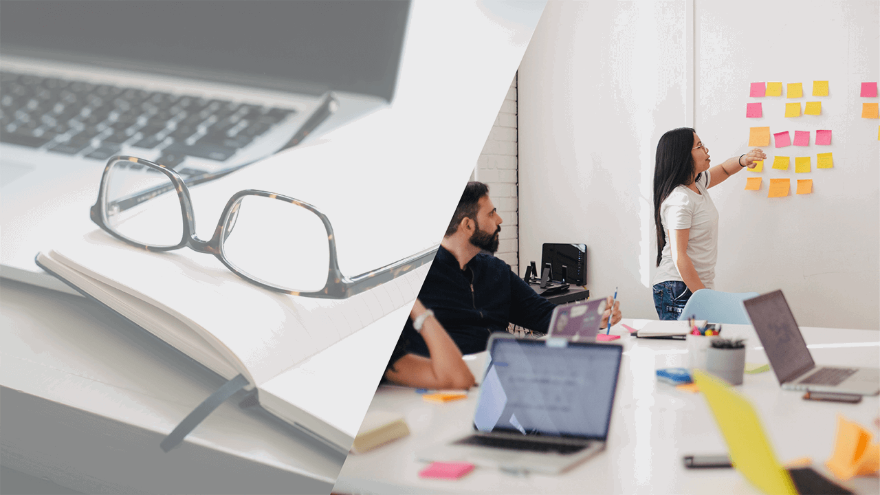 a split screen of two images: one depicting a pair of glasses on an open notebook on a laptop and another picture of a team meeting where one person is adding sticky notes to the wall