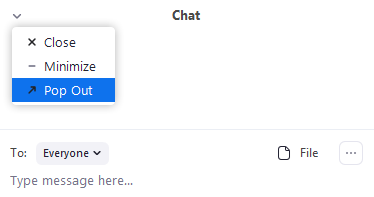 A screen capture of the Zoom chat panel Pop Out option