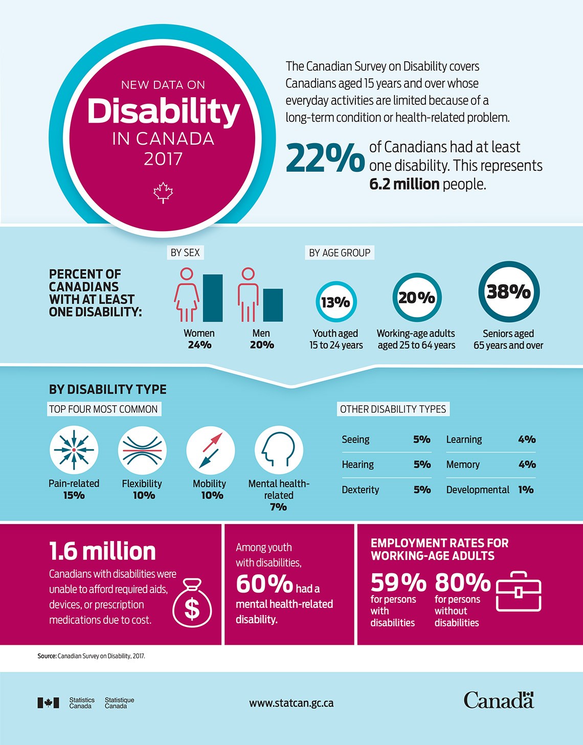 Infographic titled New Data on Disability in Canada 2017. Link to description follows.