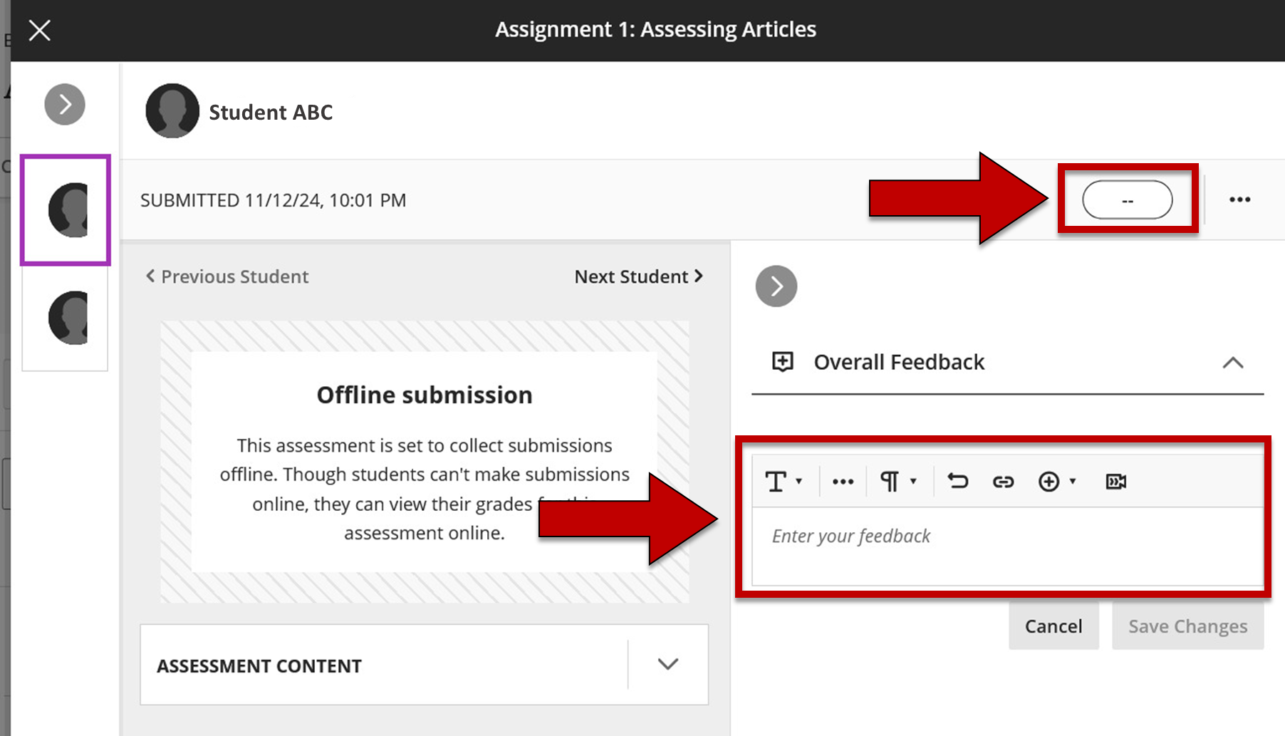 Screenshot of step 7 of Grading an Assessment Submitted Offline as explained on this page.