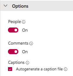 A screen capture of the options in Microsoft Stream for auto-captioning your videos