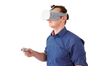 A picture of a man wearing a virtual reality headset and holding a controller